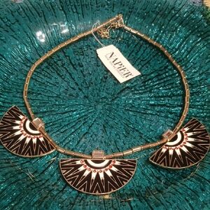 Napier Black, White and Gold Art Deco Fan Necklace with Red Accents